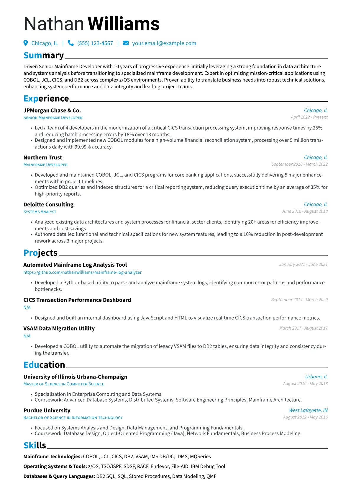 Senior Mainframe Developer resume example, Career changer, page 1