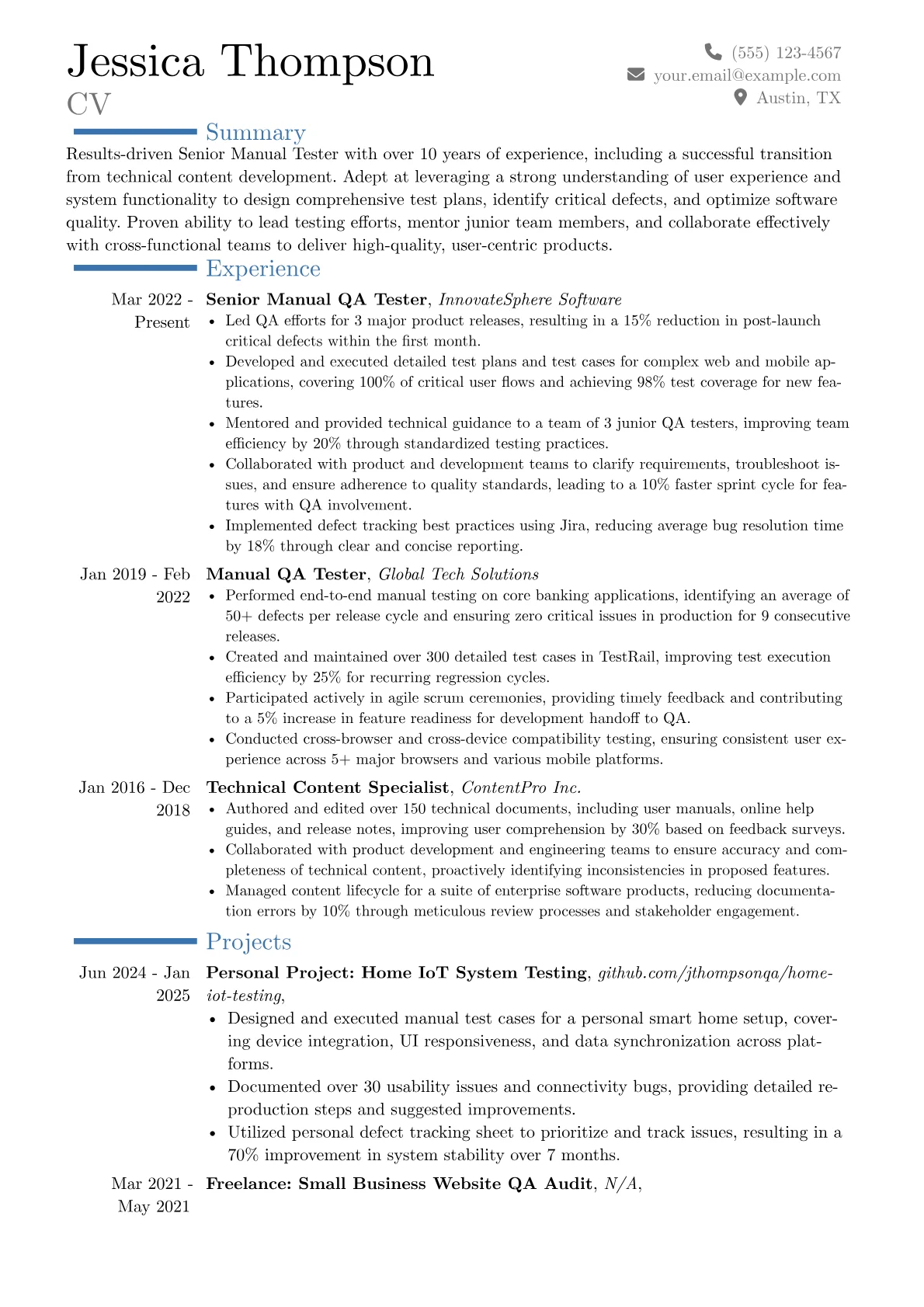 Senior Manual Tester resume example, Career changer, page 1