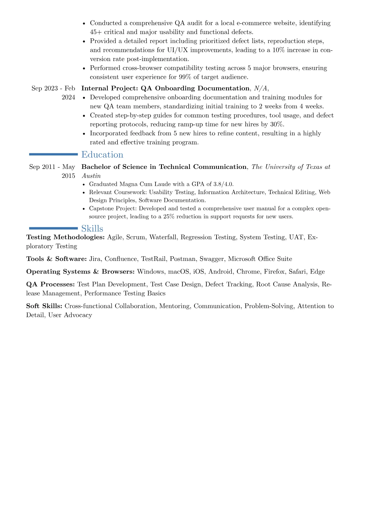 Senior Manual Tester resume example, Career changer, page 2