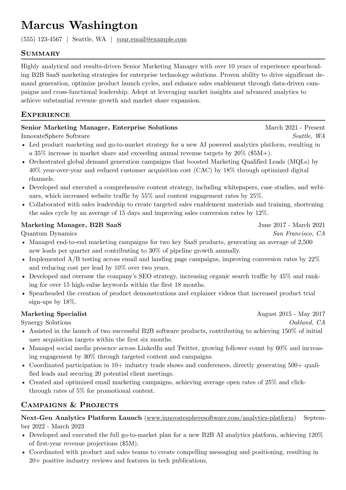 Senior Marketing Manager resume example, Senior Marketing Manager, page 1