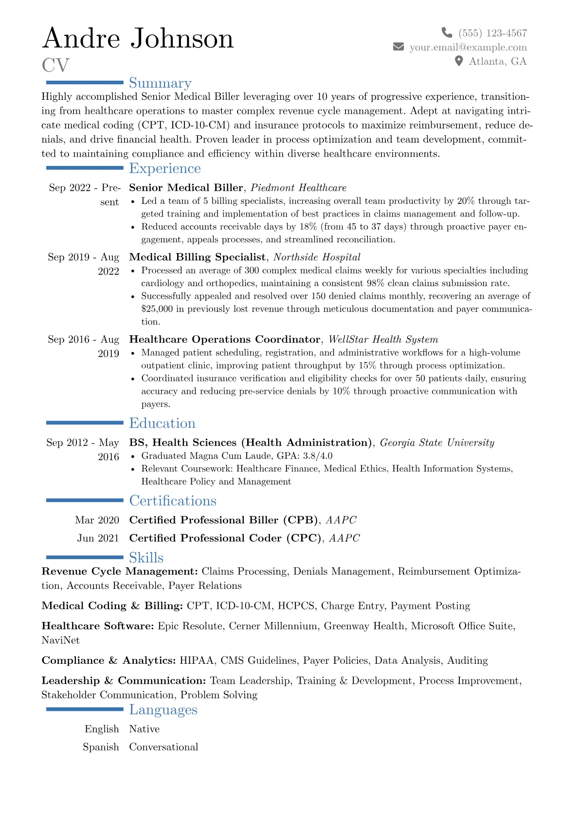 Senior Medical Biller resume example, Career changer, page 1