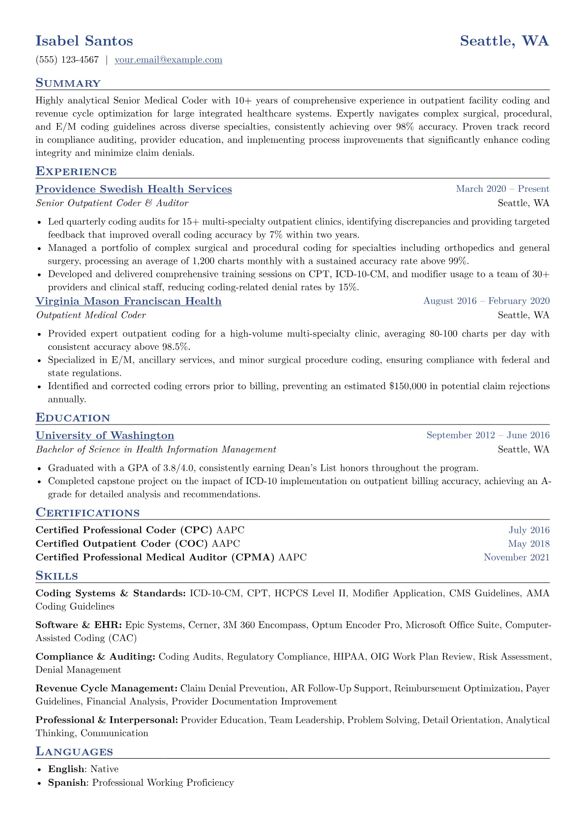 Senior Medical Coder resume example, Senior Medical Coder, page 1