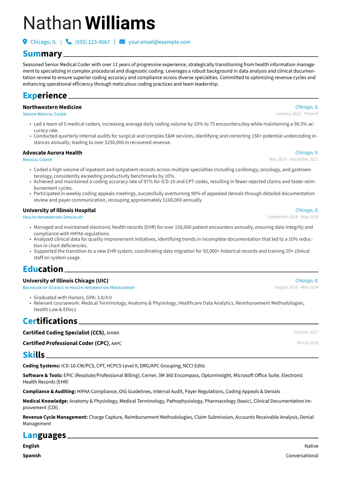 Senior Medical Coder resume example, Career changer, page 1