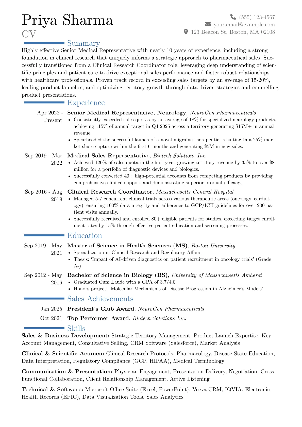 Senior Medical Representative resume example, Career changer, page 1
