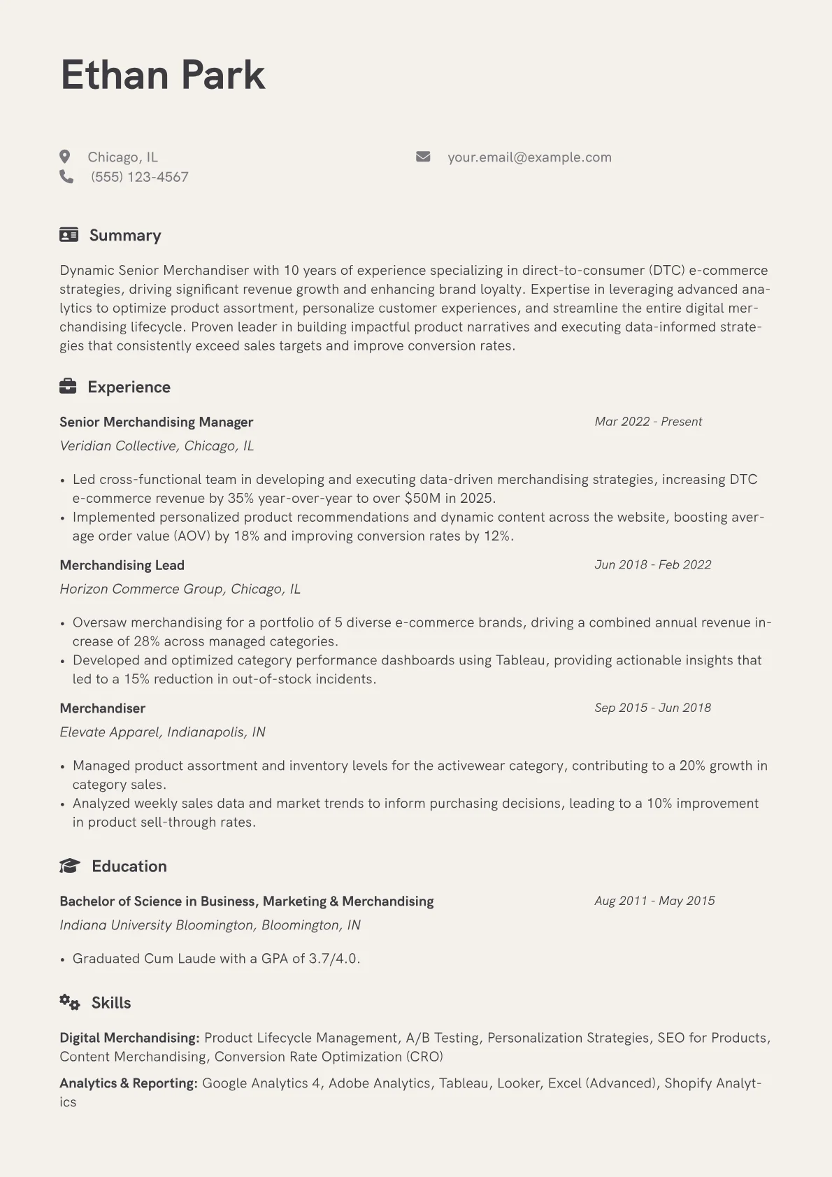 Senior Merchandiser resume example, Senior Merchandiser, page 1