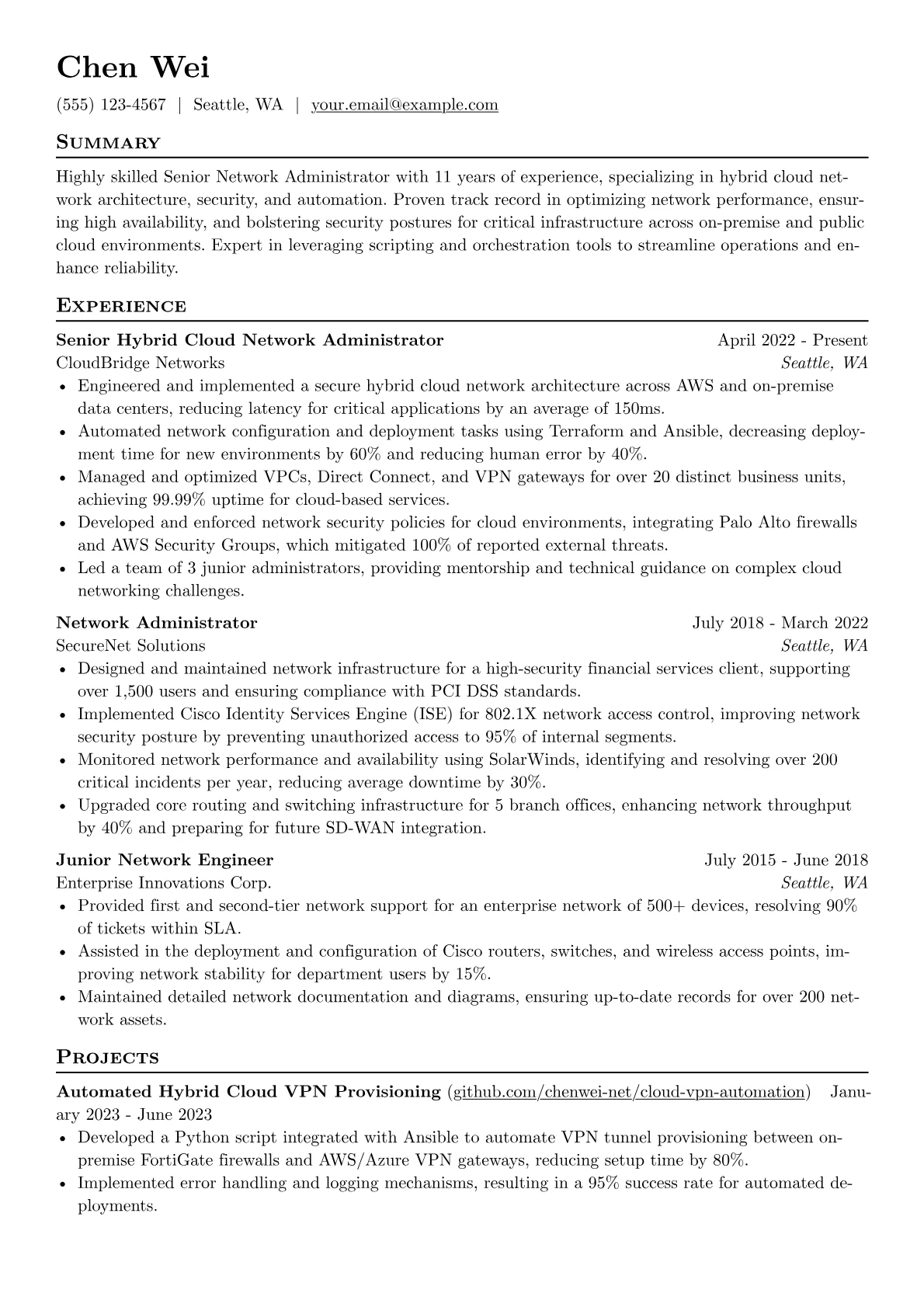 Senior Network Administrator resume example, Senior Hybrid Cloud, page 1