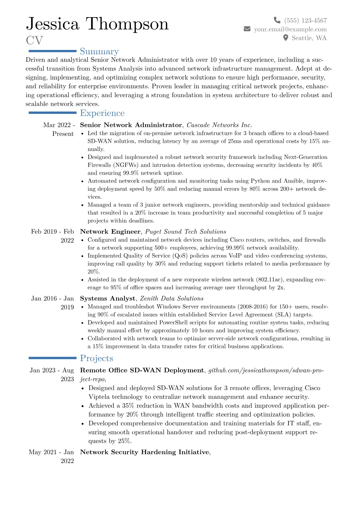 Senior Network Administrator resume example, Career changer, page 1