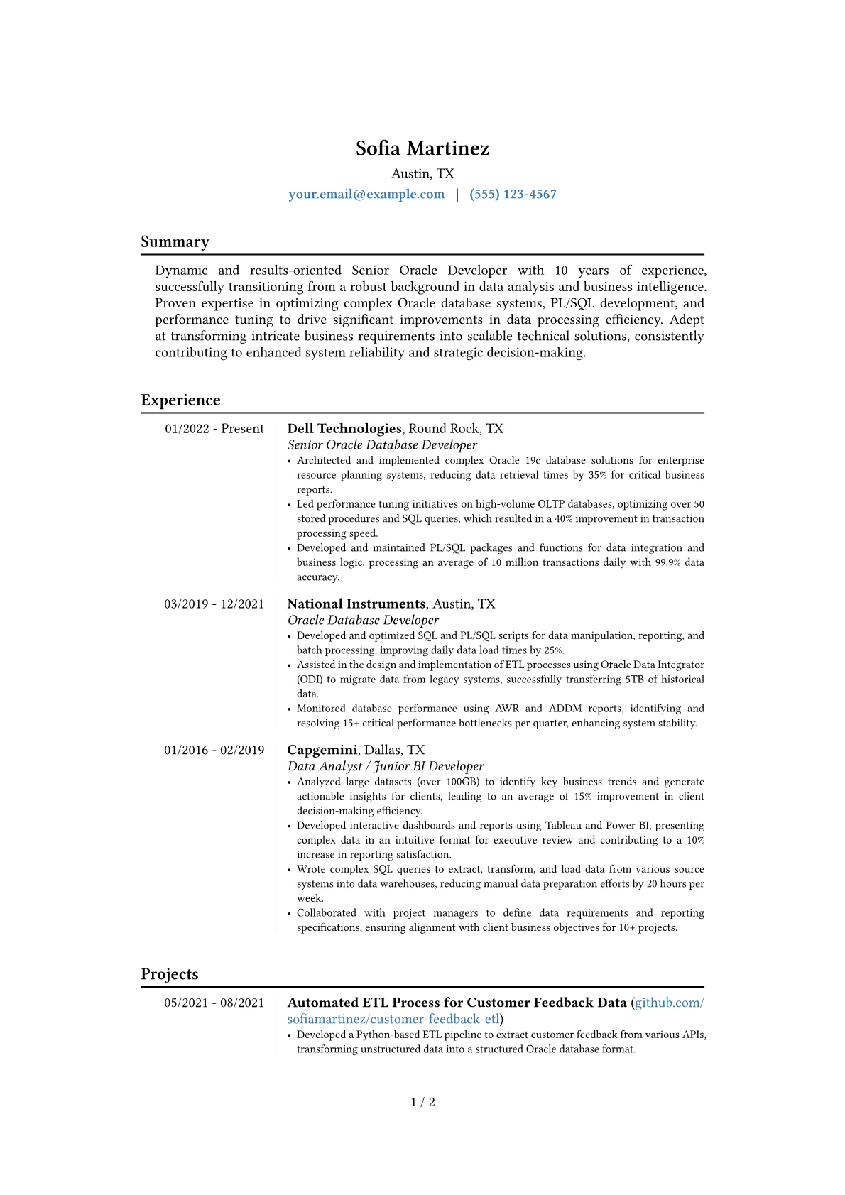 Senior Oracle Developer resume example, Career changer, page 1