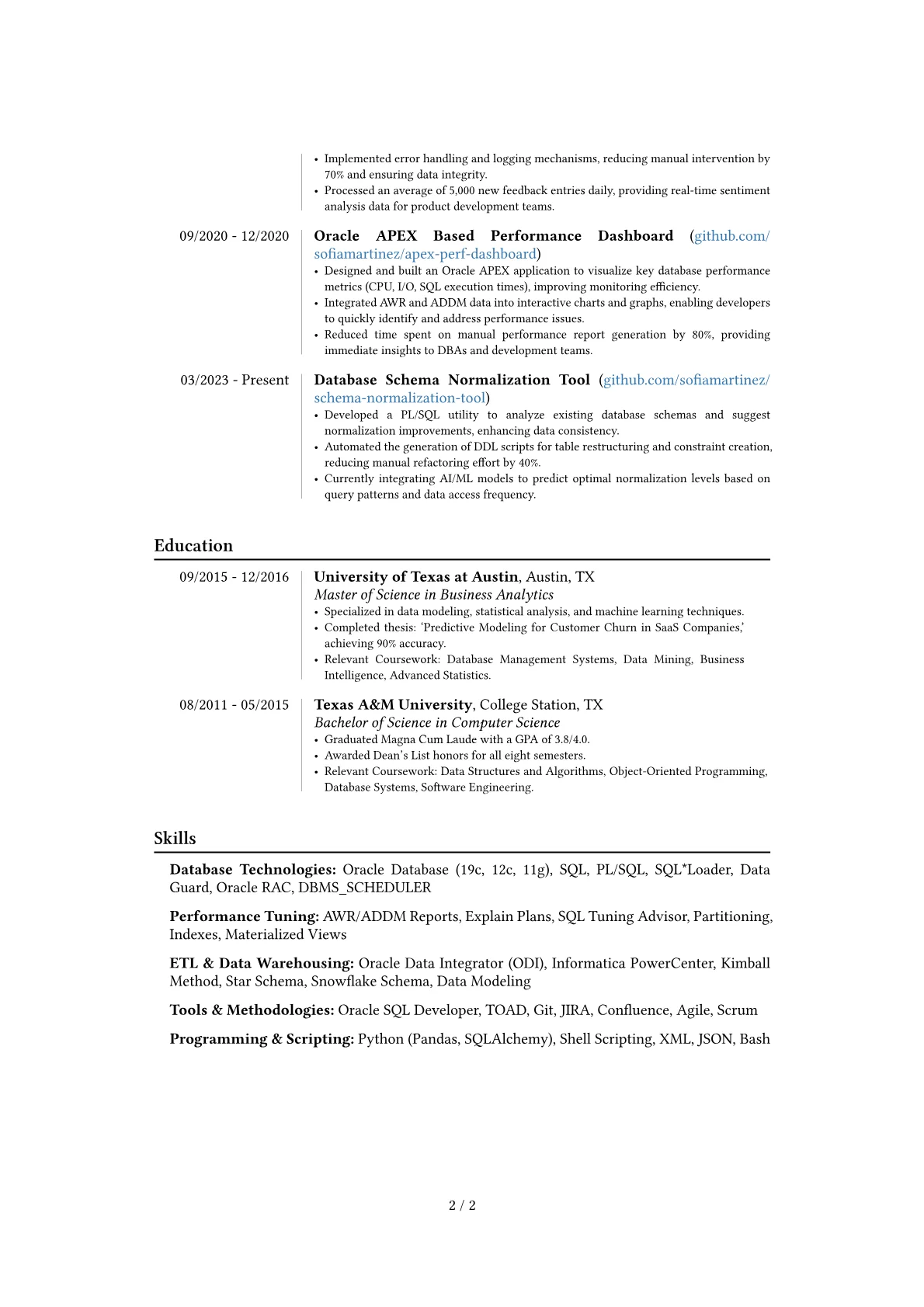 Senior Oracle Developer resume example, Career changer, page 2