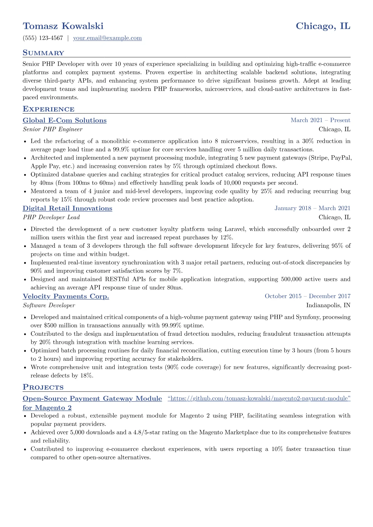 Senior PHP Developer resume example, Senior PHP Developer, page 1