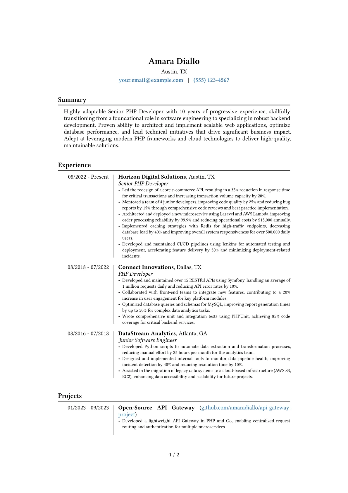 Senior PHP Developer resume example, Career changer, page 1
