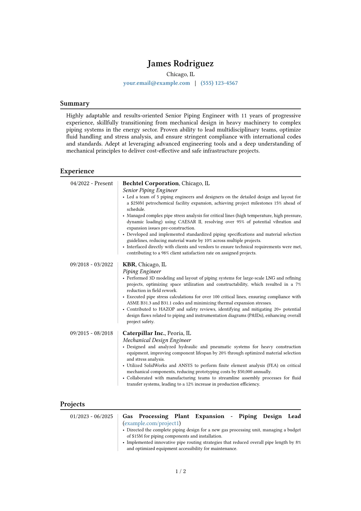 Senior Piping Engineer resume example, Career changer, page 1