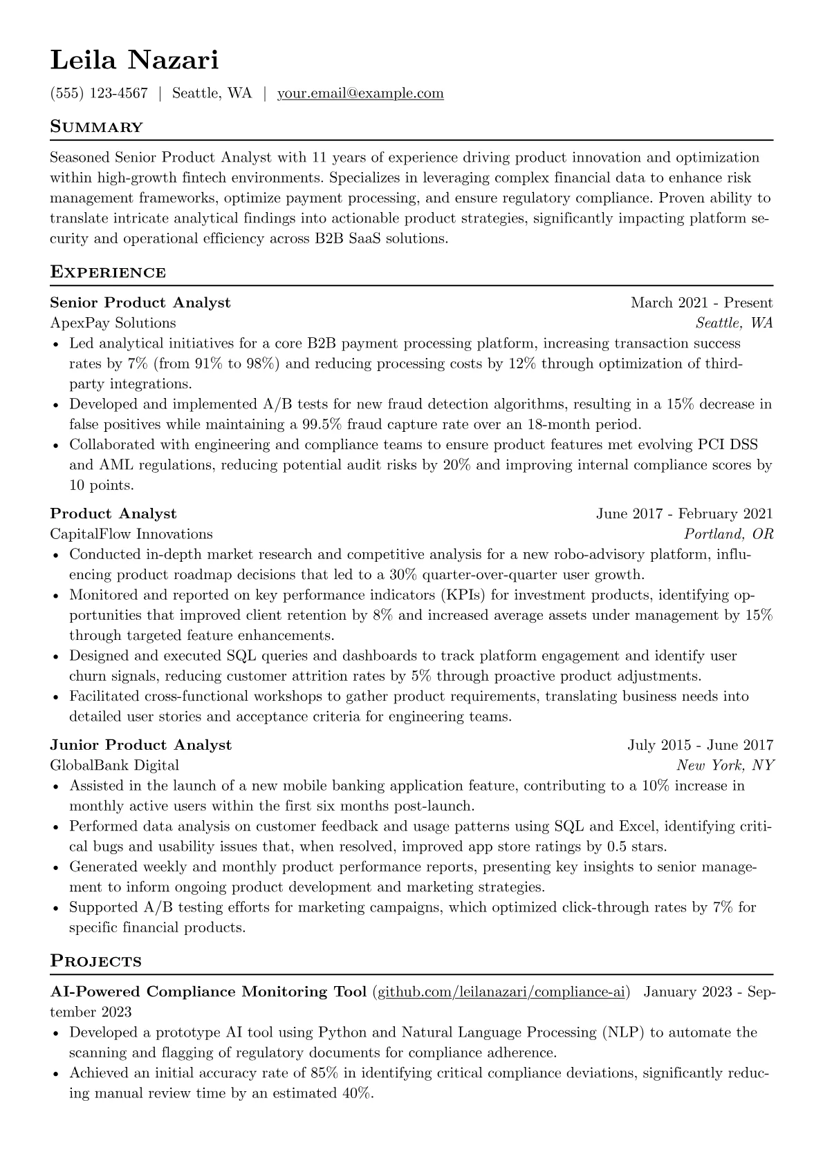 Senior Product Analyst resume example, Senior Product Analyst, page 1