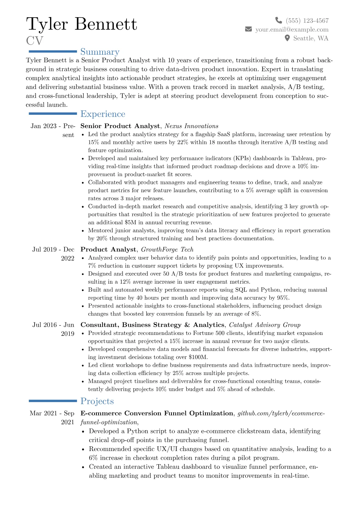 Senior Product Analyst resume example, Career changer, page 1