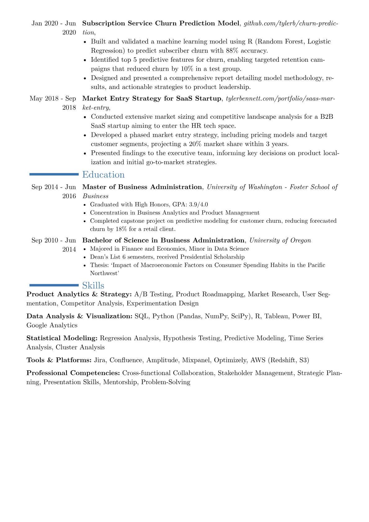 Senior Product Analyst resume example, Career changer, page 2