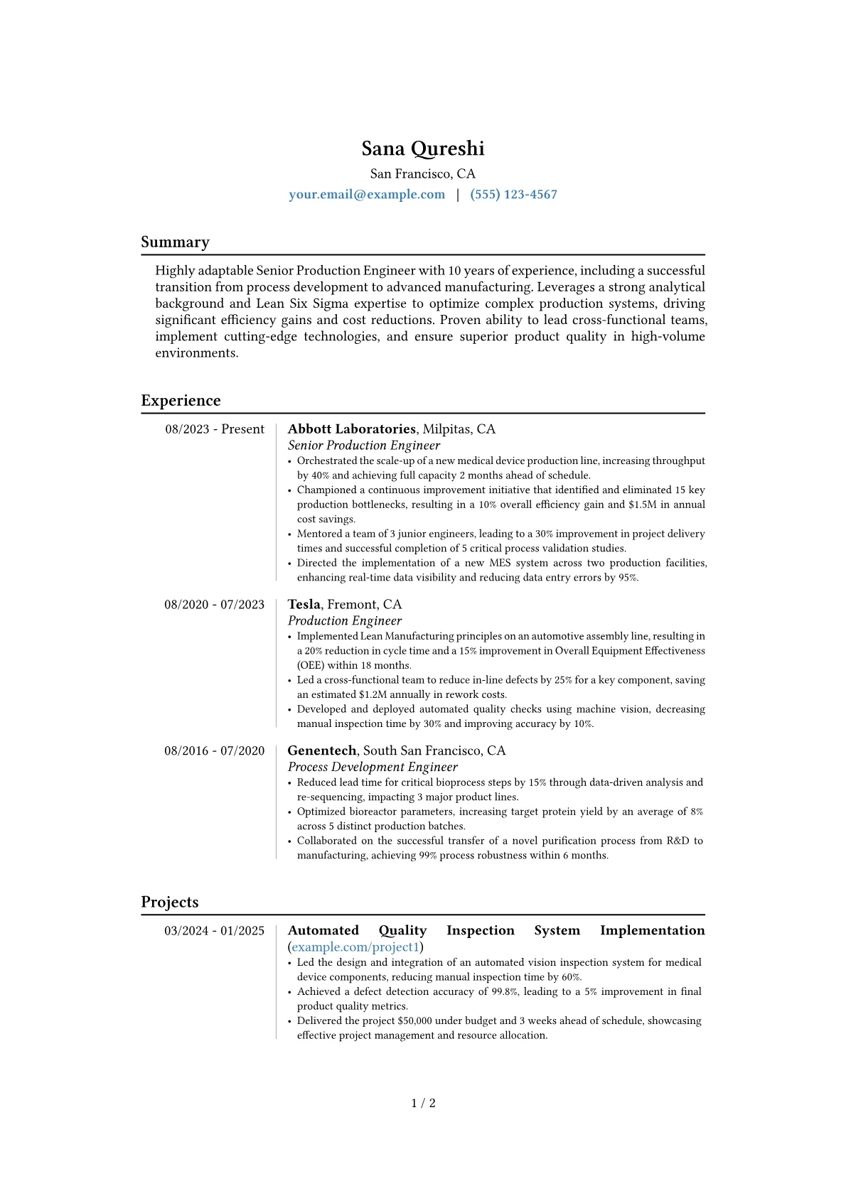 Senior Production Engineer resume example, Career changer, page 1