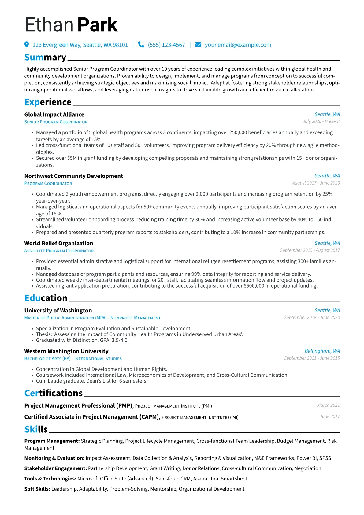 Senior Program Coordinator resume example, Global Health & Community, page 1