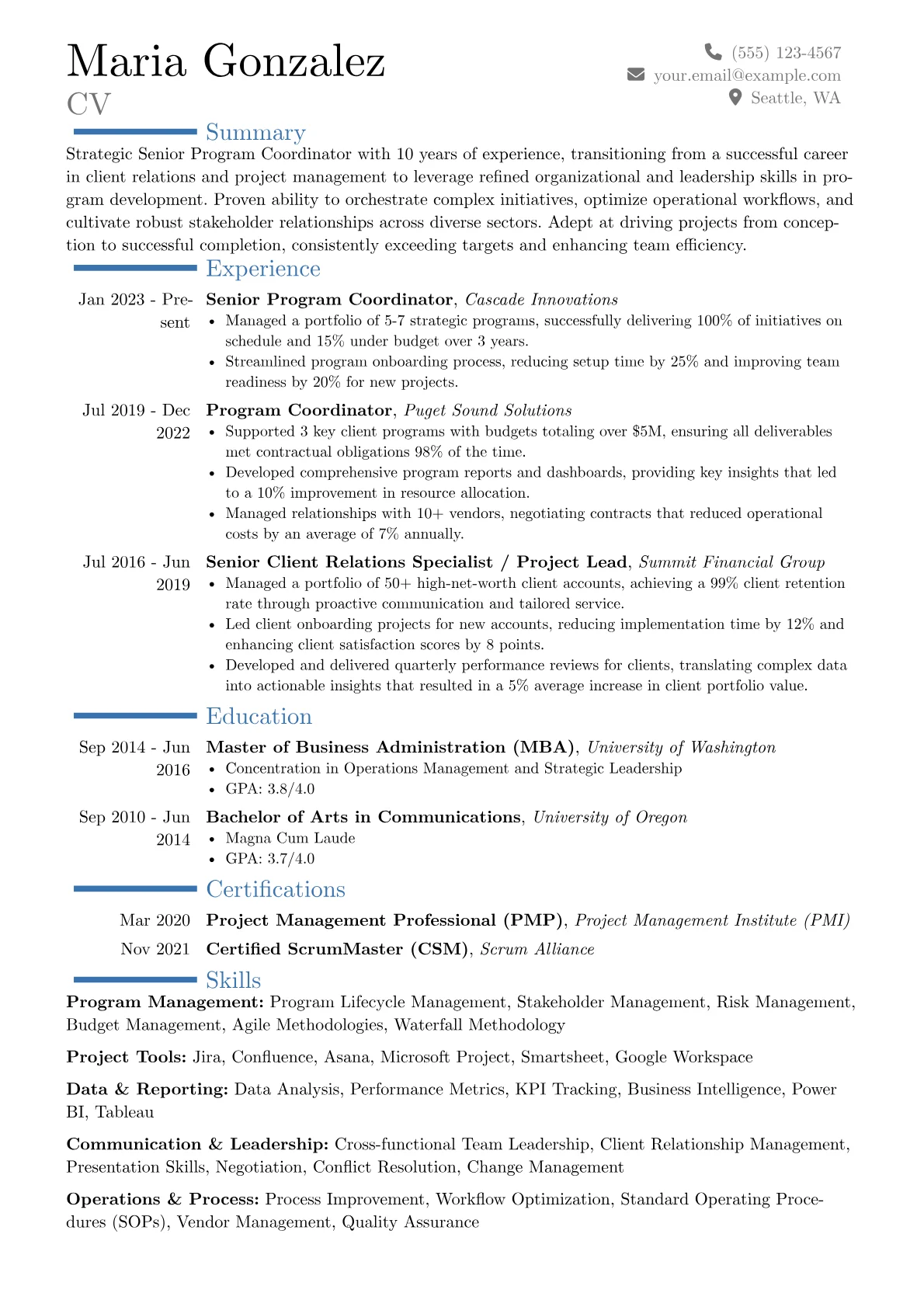 Senior Program Coordinator resume example, Career changer, page 1
