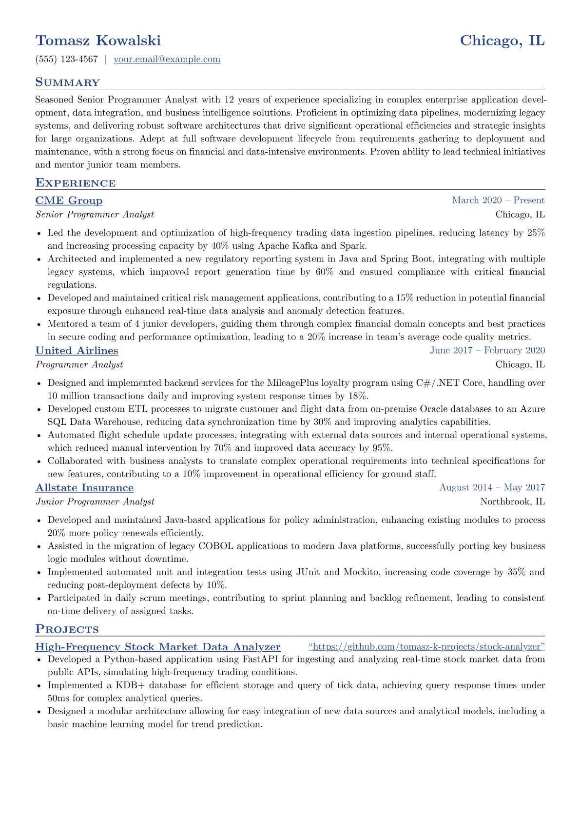 Senior Programmer Analyst resume example, Financial Systems & Data, page 1
