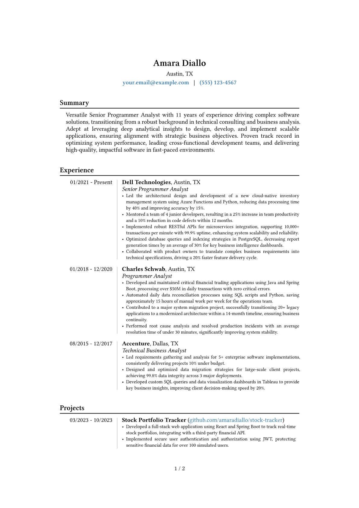 Senior Programmer Analyst resume example, Career changer, page 1