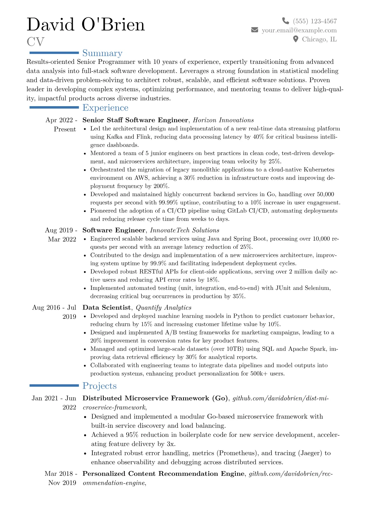 Senior Programmer resume example, Career changer, page 1