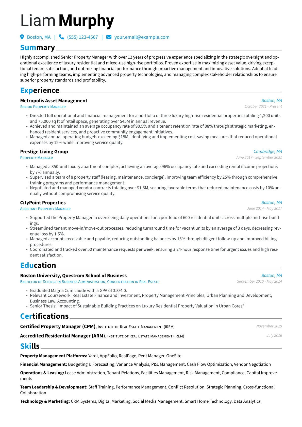 Senior Property Manager resume example, Property Management, page 1