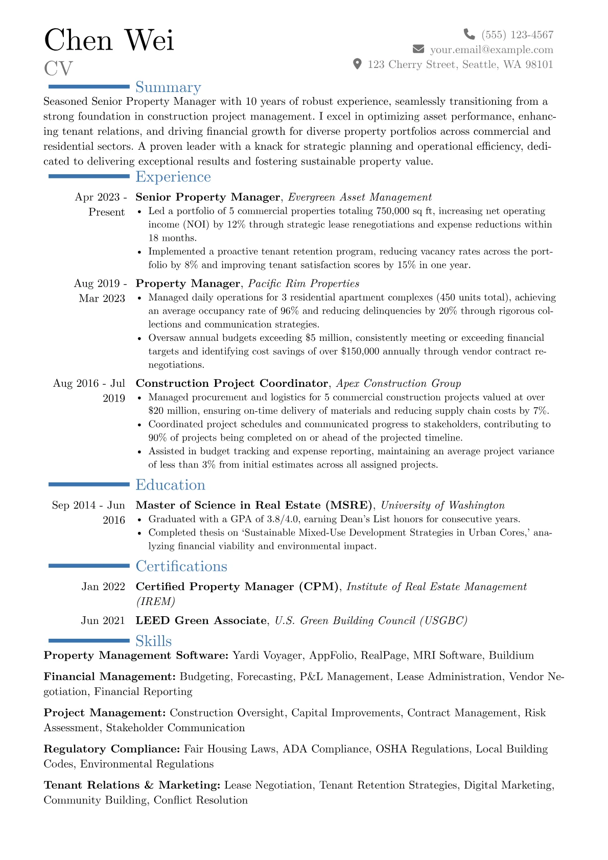 Senior Property Manager resume example, Career changer, page 1
