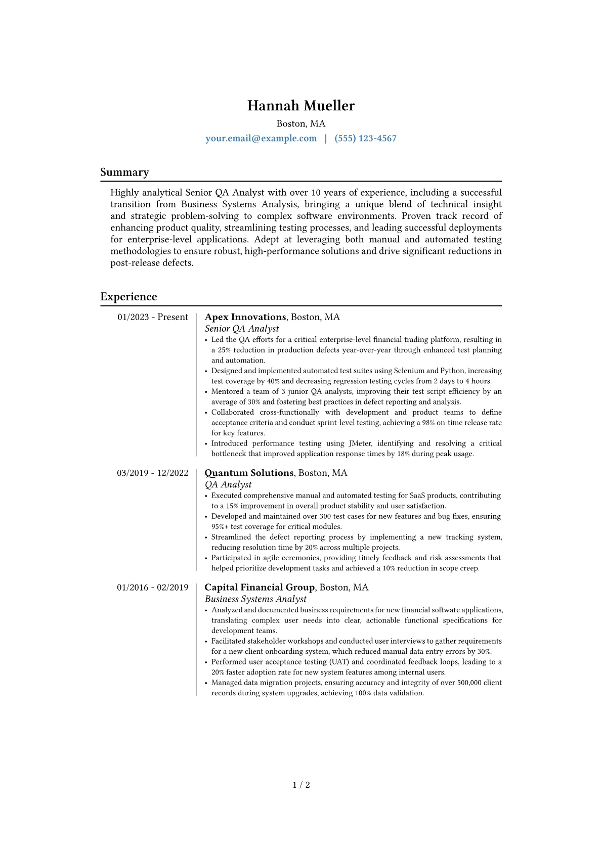 Senior QA Analyst resume example, Career changer, page 1