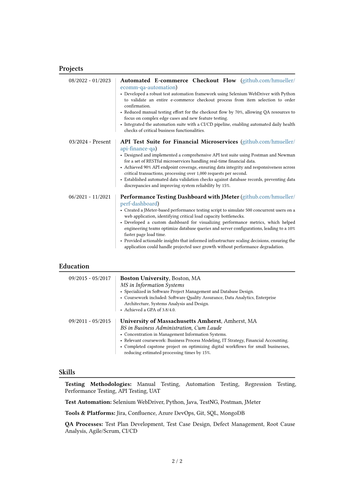 Senior QA Analyst resume example, Career changer, page 2