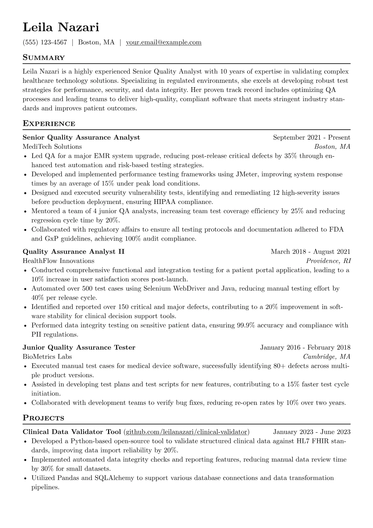 Senior Quality Analyst resume example, Senior Quality Analyst, page 1