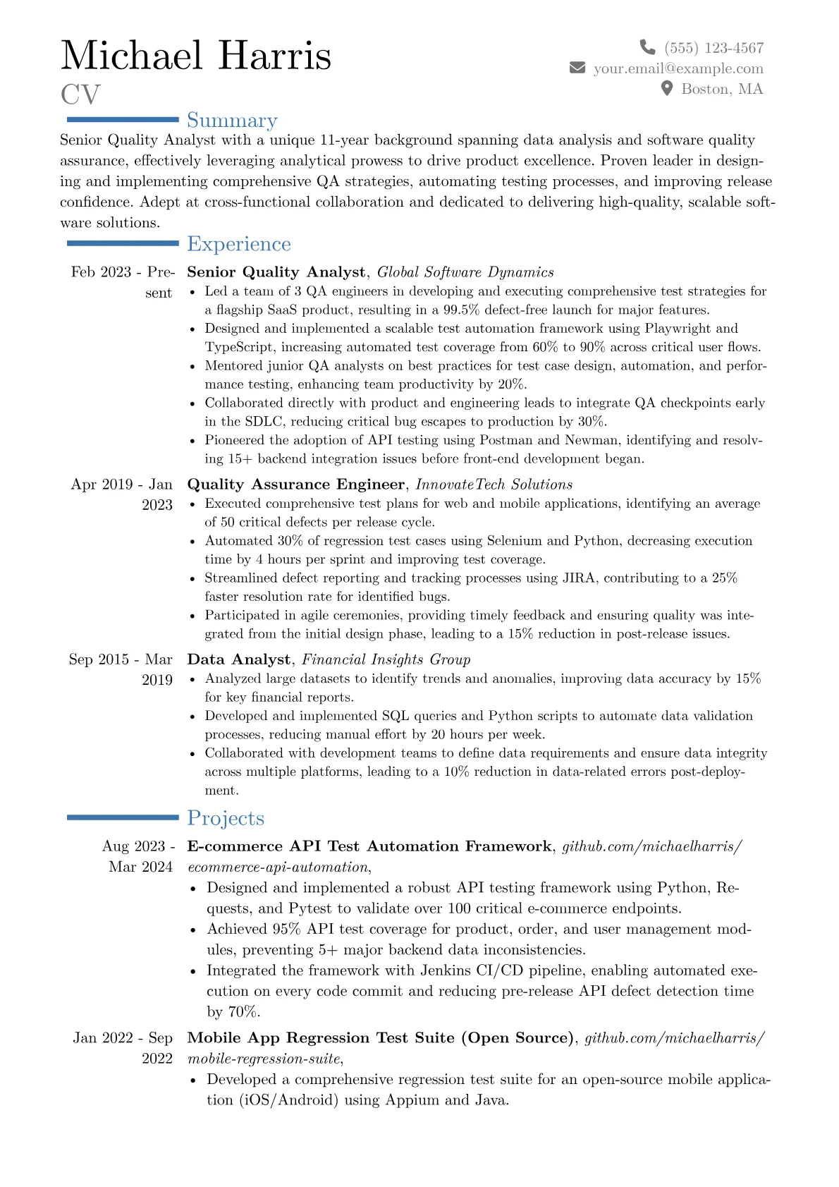 Senior Quality Analyst resume example, Career changer, page 1