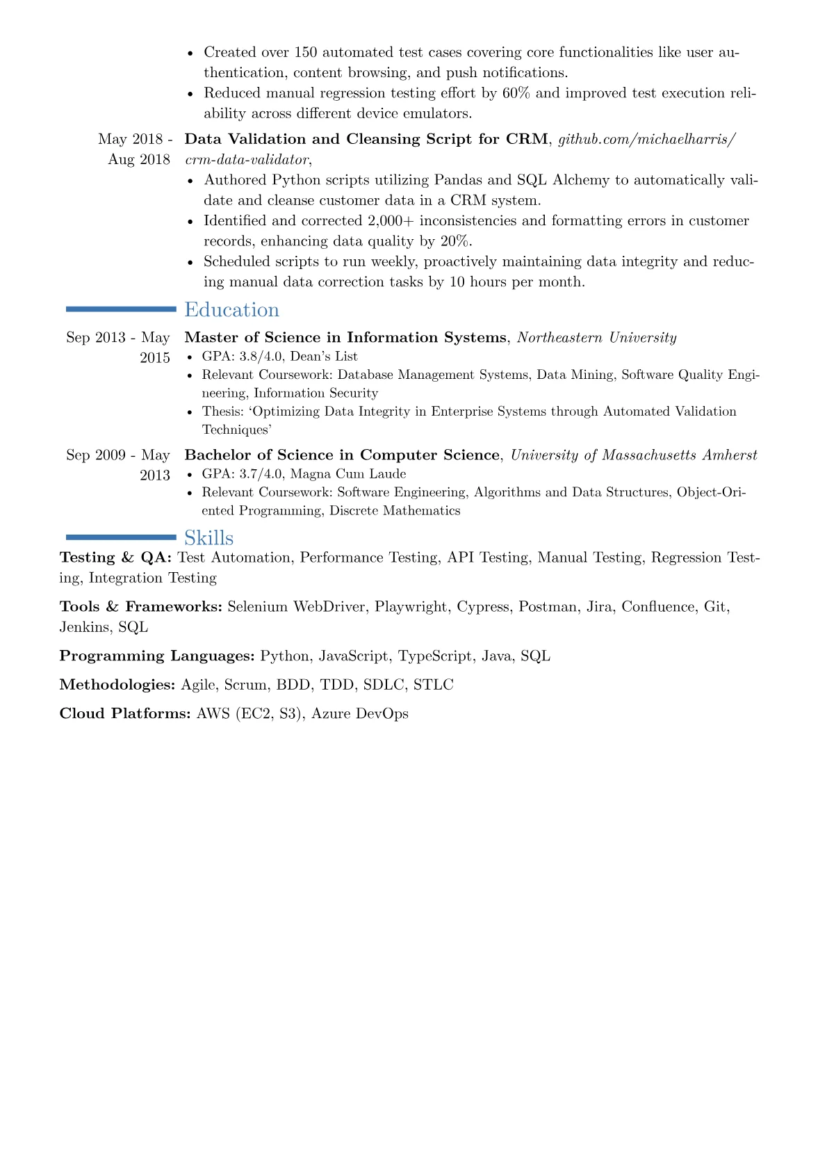 Senior Quality Analyst resume example, Career changer, page 2