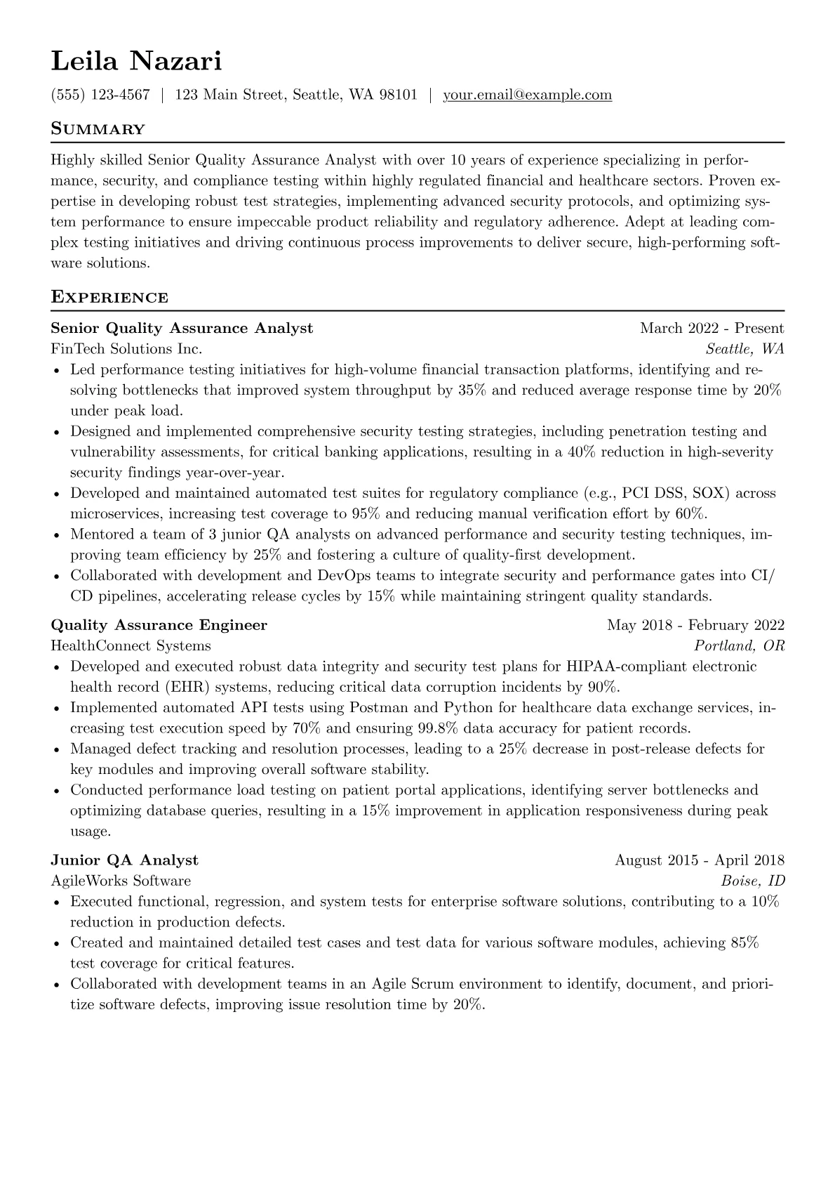 Senior Quality Assurance Analyst resume example, Senior Quality Assurance, page 1