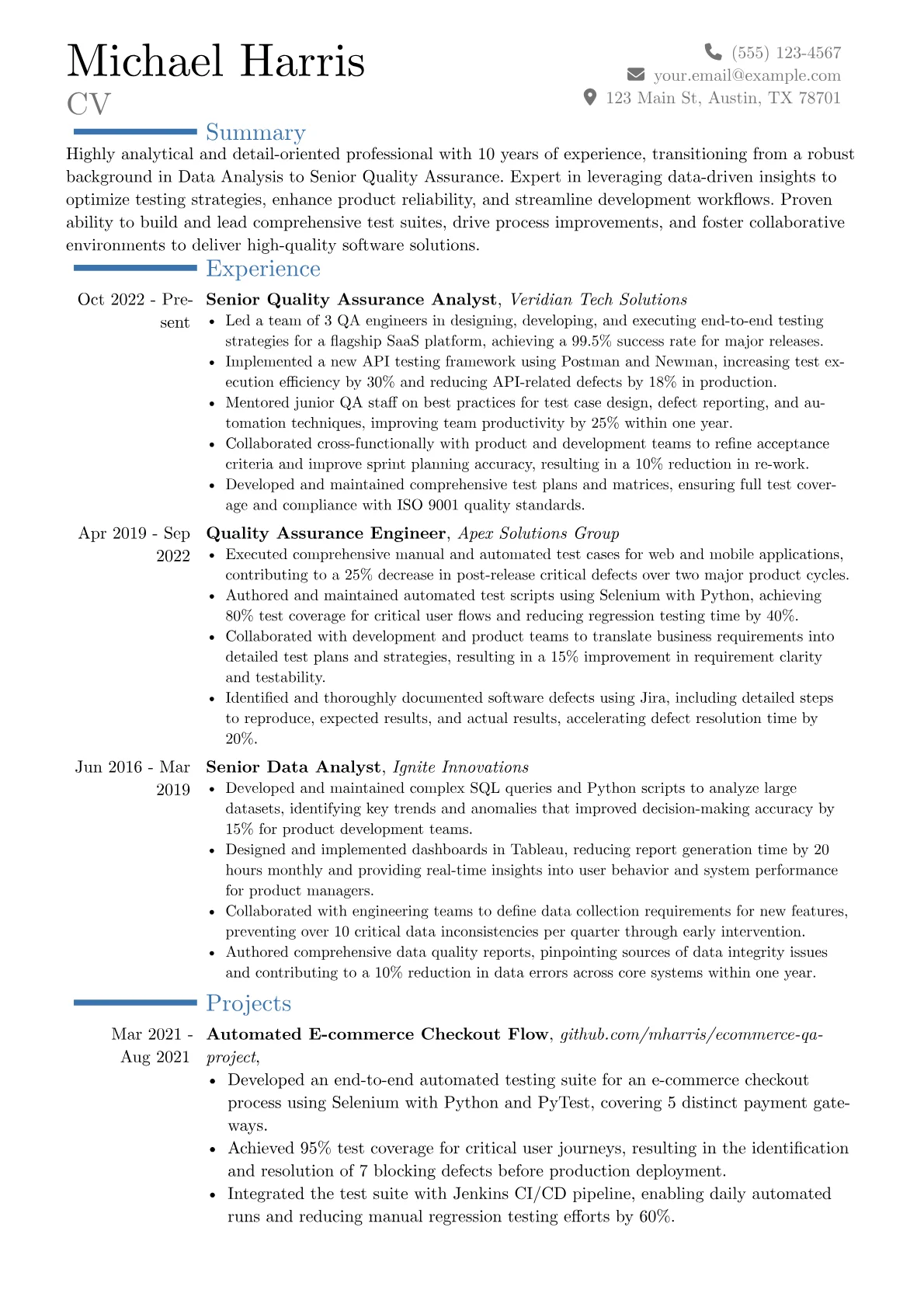 Senior Quality Assurance Analyst resume example, Career changer, page 1