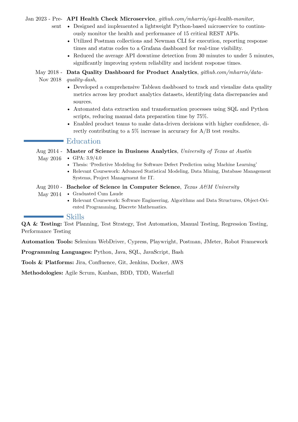 Senior Quality Assurance Analyst resume example, Career changer, page 2