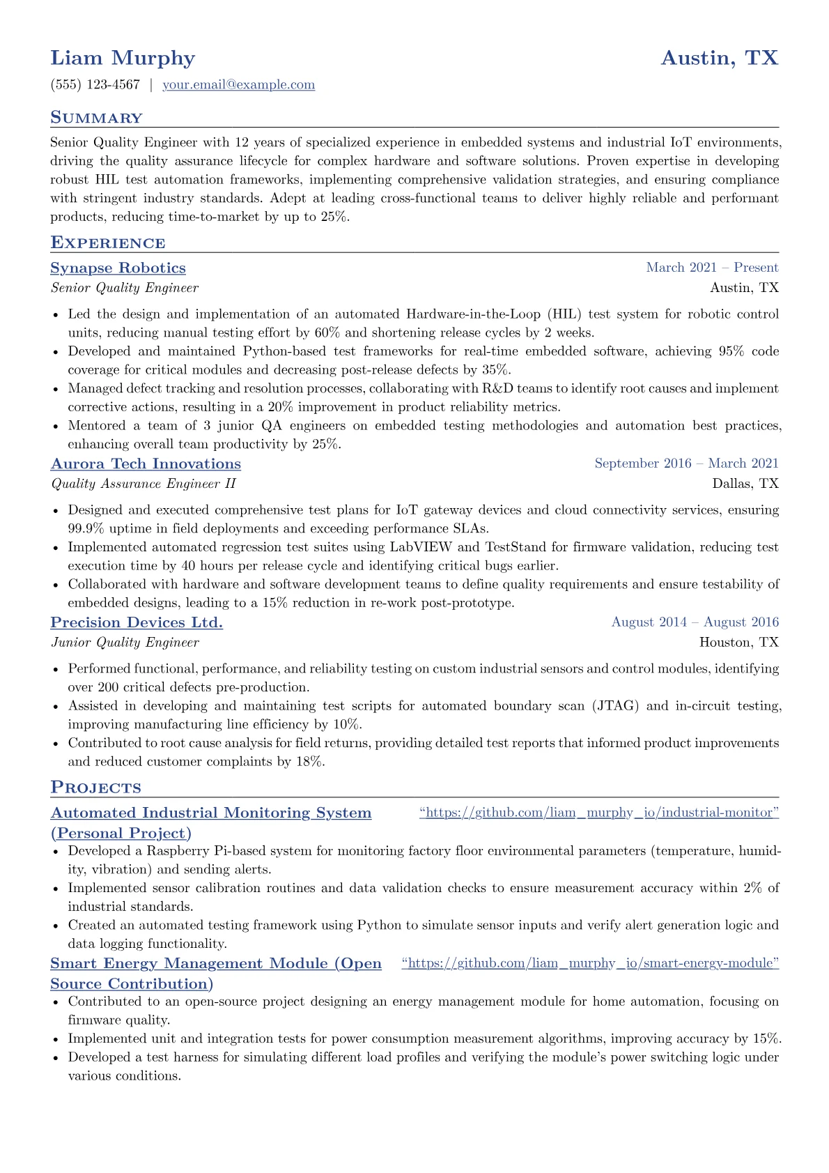 Senior Quality Engineer resume example, Senior Quality Engineer, page 1
