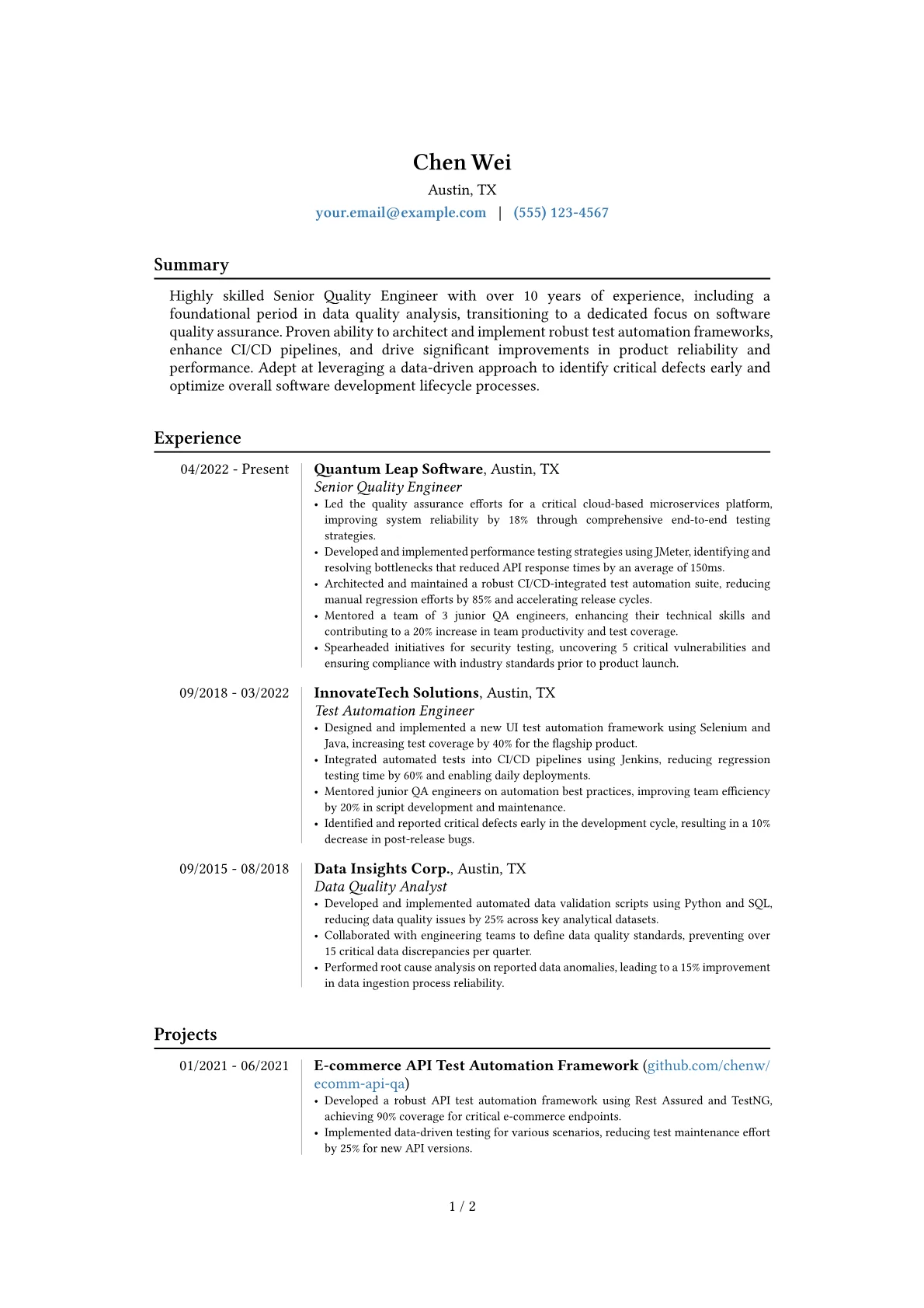 Senior Quality Engineer resume example, Career changer, page 1