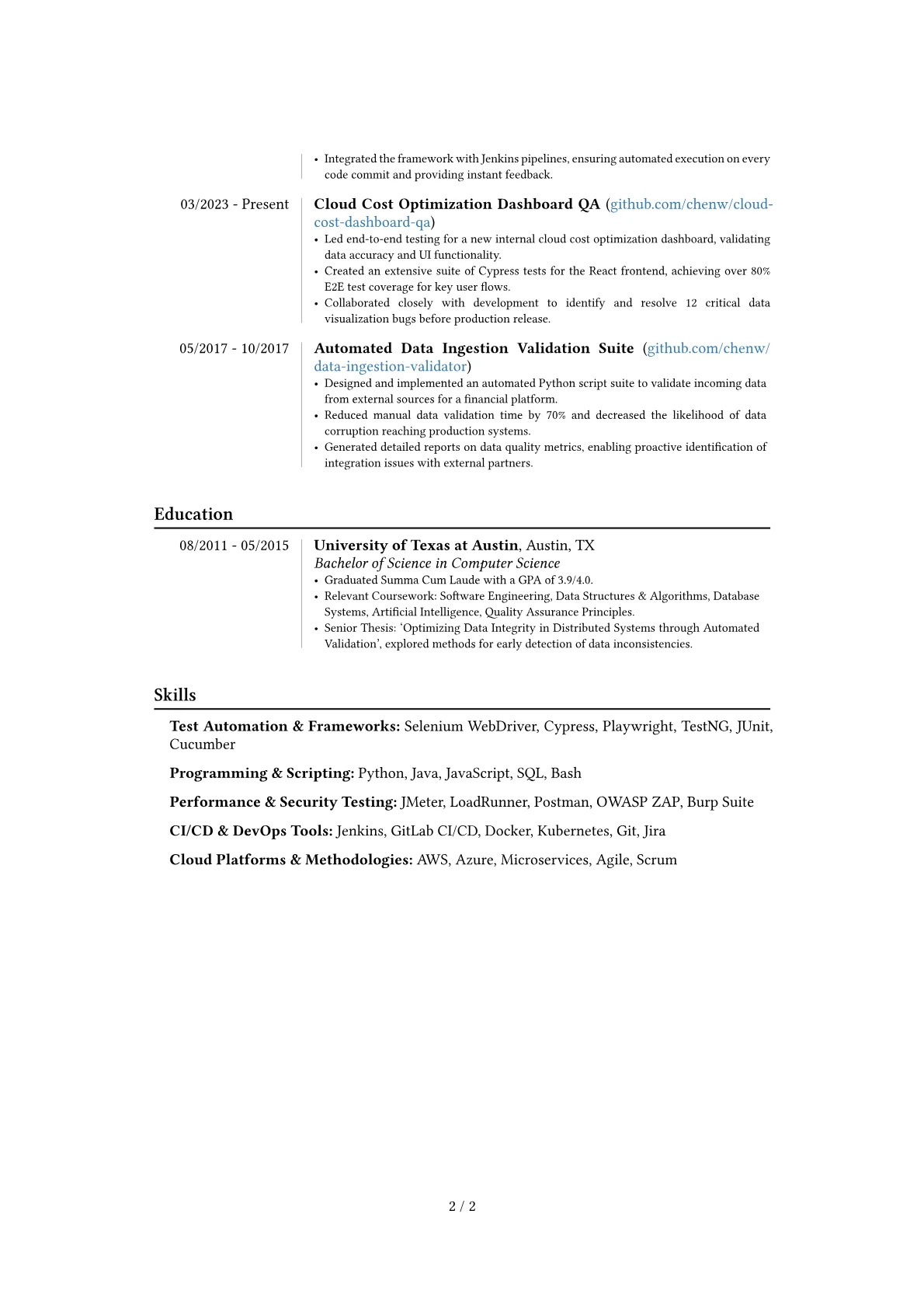 Senior Quality Engineer resume example, Career changer, page 2