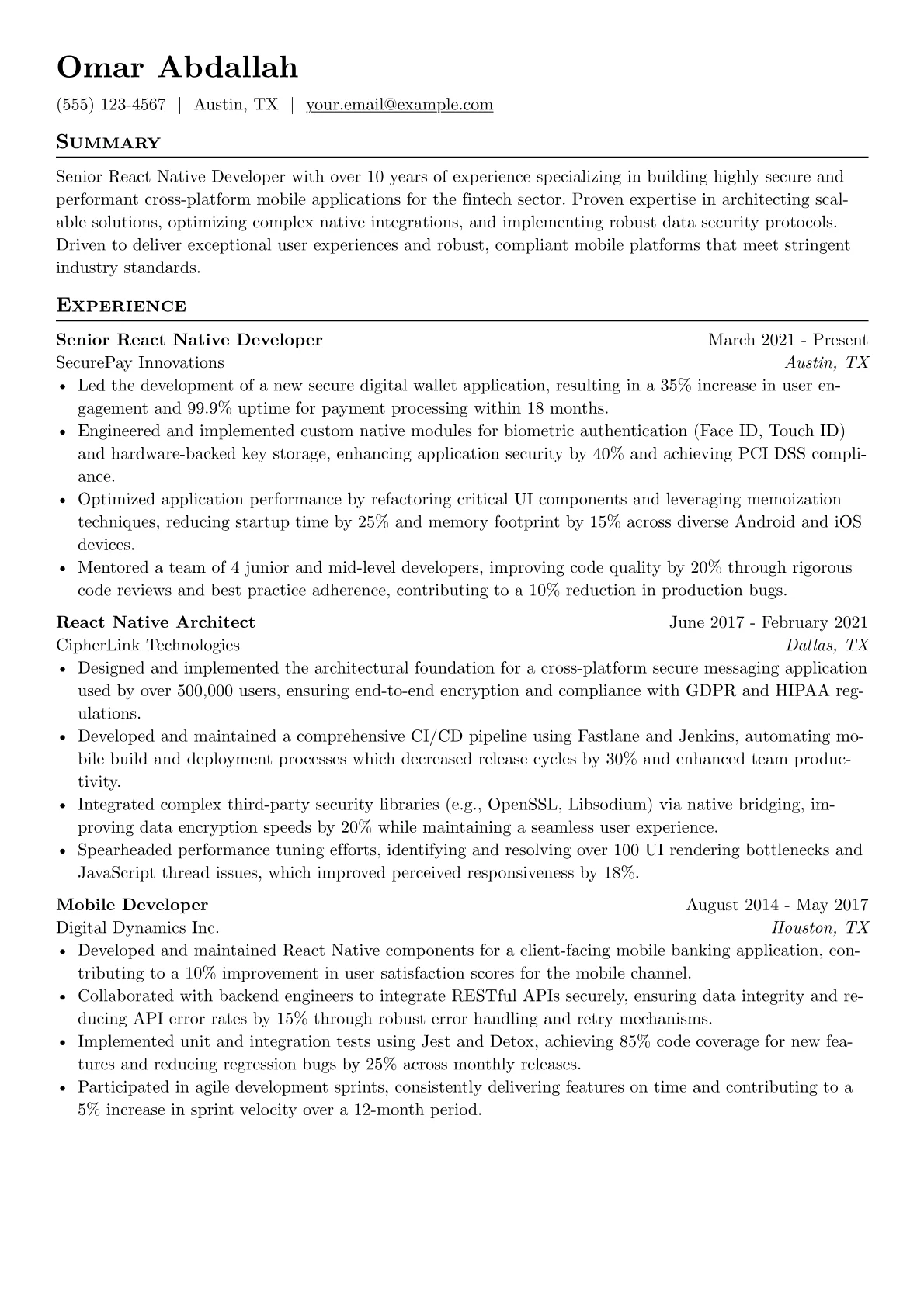 Senior React Native Developer resume example, Senior React Native, page 1