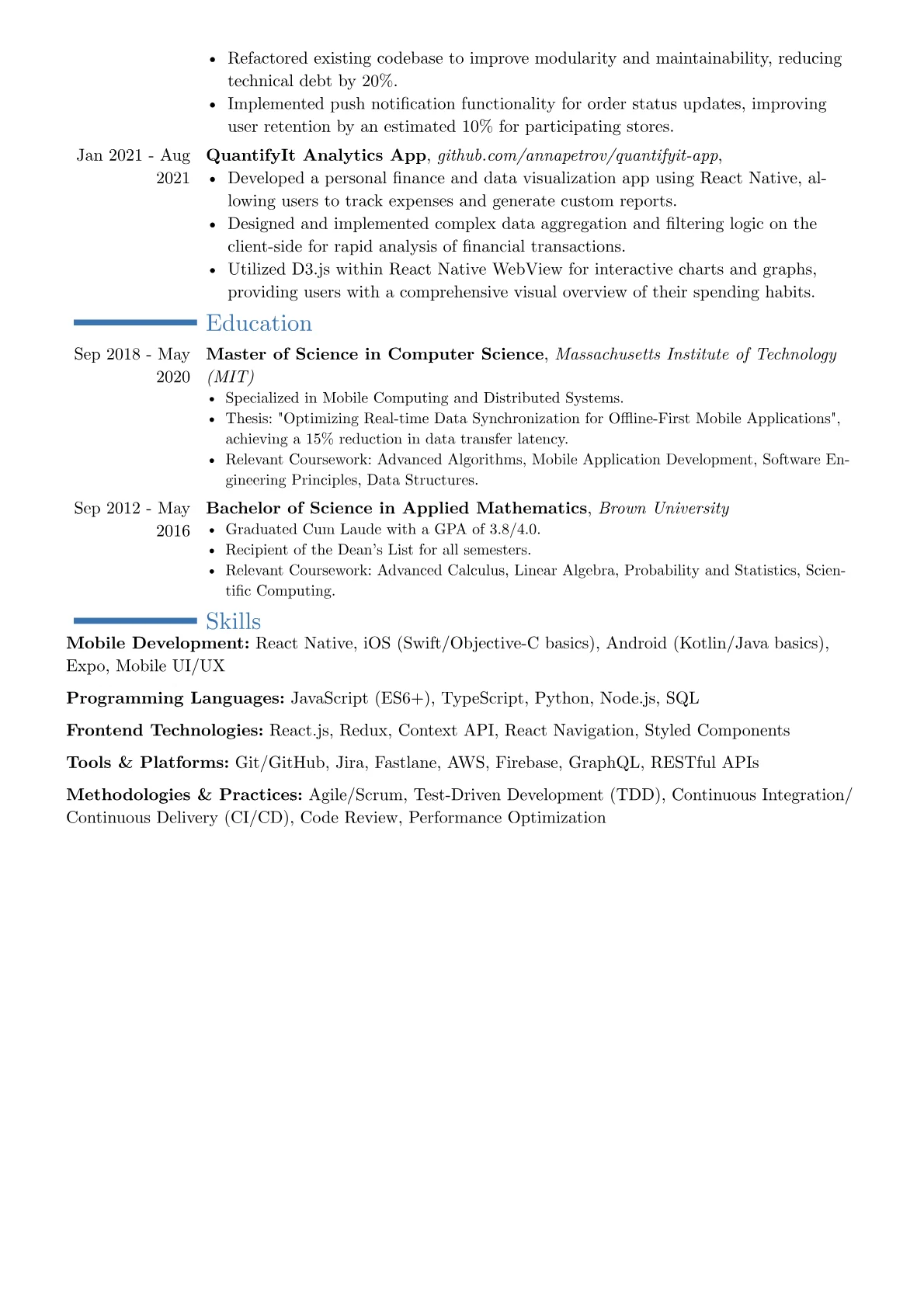 Senior React Native Developer resume example, Career changer, page 2