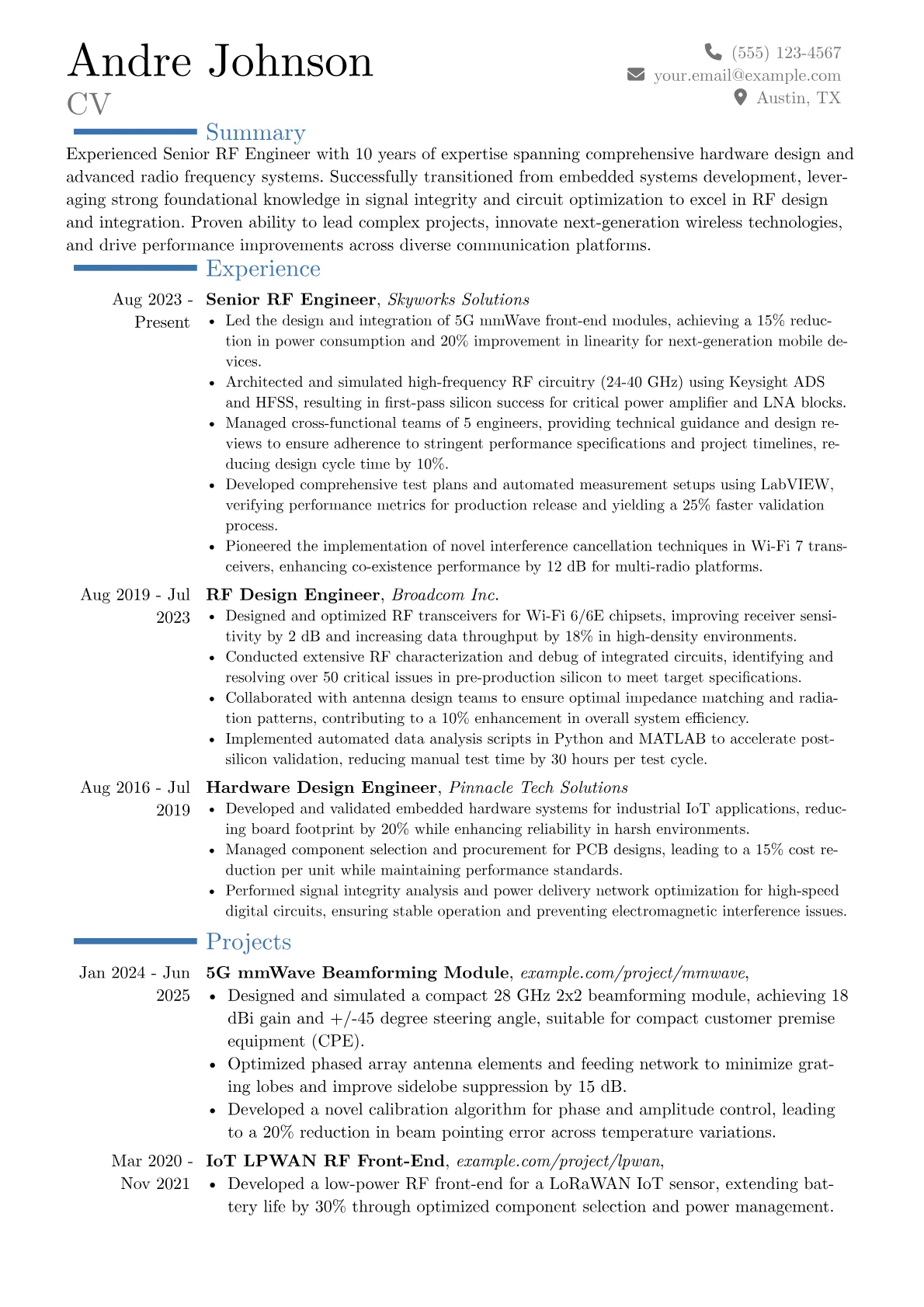 Senior RF Engineer resume example, Career changer, page 1