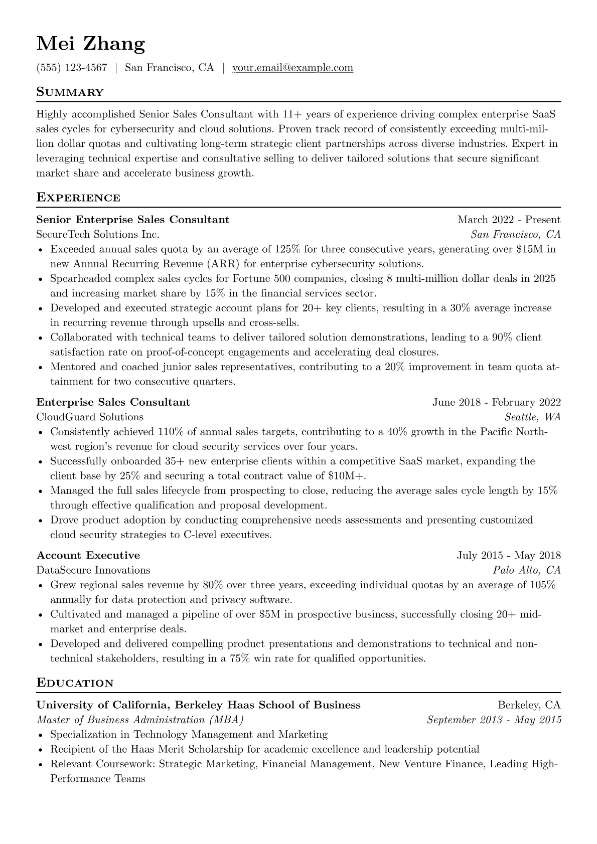 Senior Sales Consultant resume example, Enterprise SaaS Sales, page 1