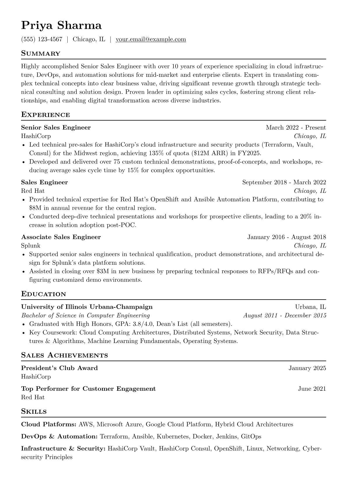 Senior Sales Engineer resume example, Cloud Infrastructure, page 1