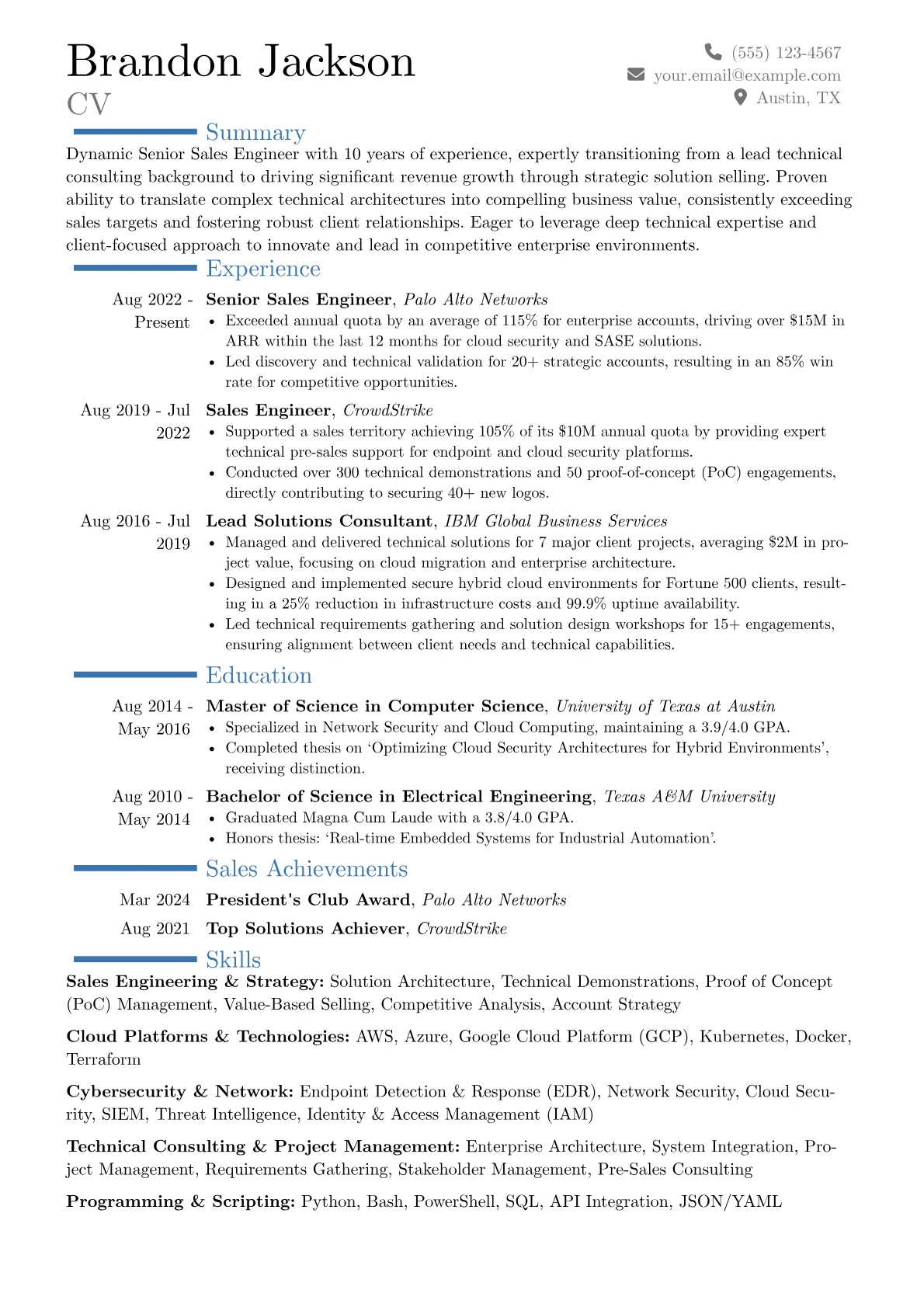 Senior Sales Engineer resume example, Career changer, page 1