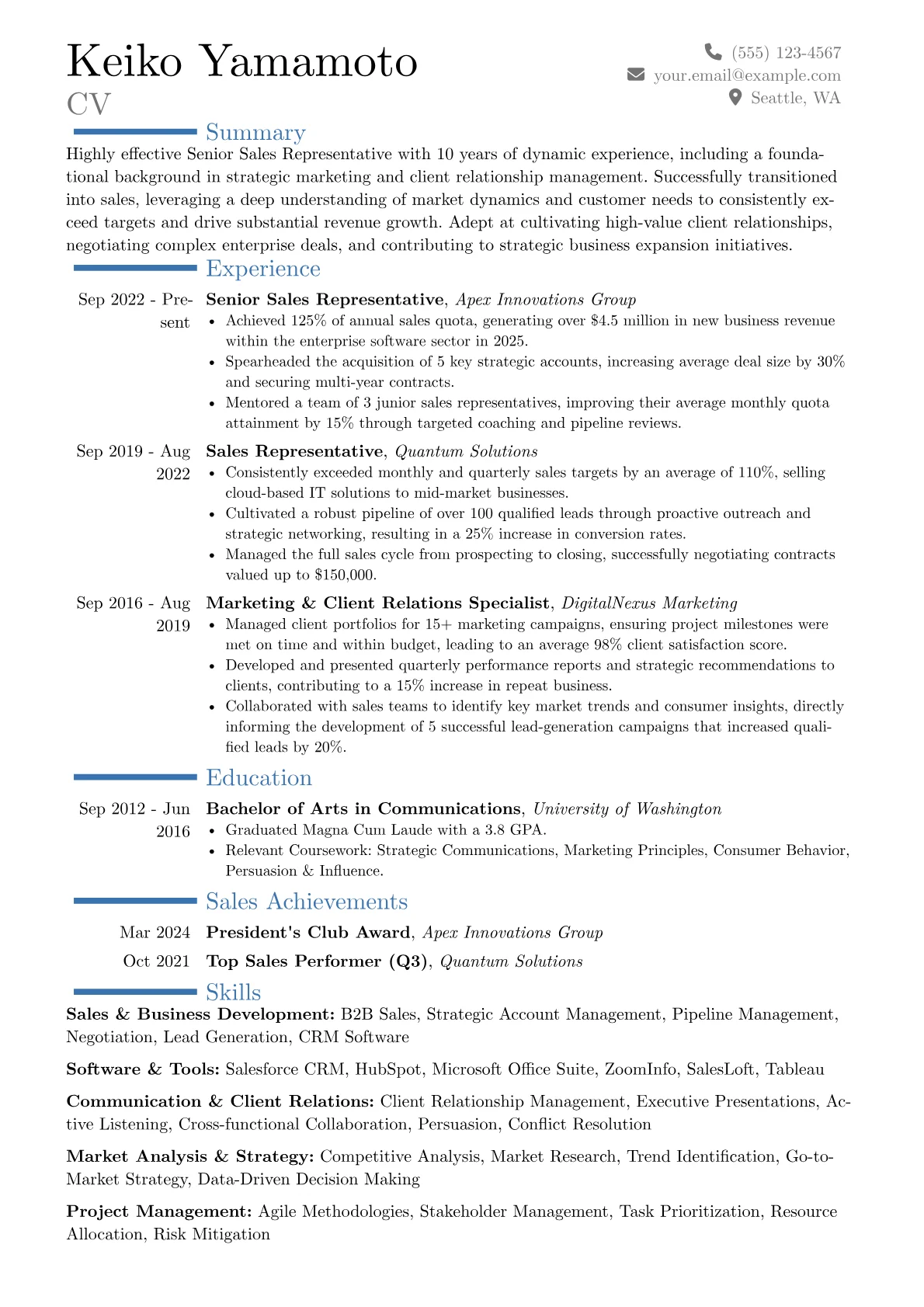 Senior Sales Representative resume example, Career changer, page 1
