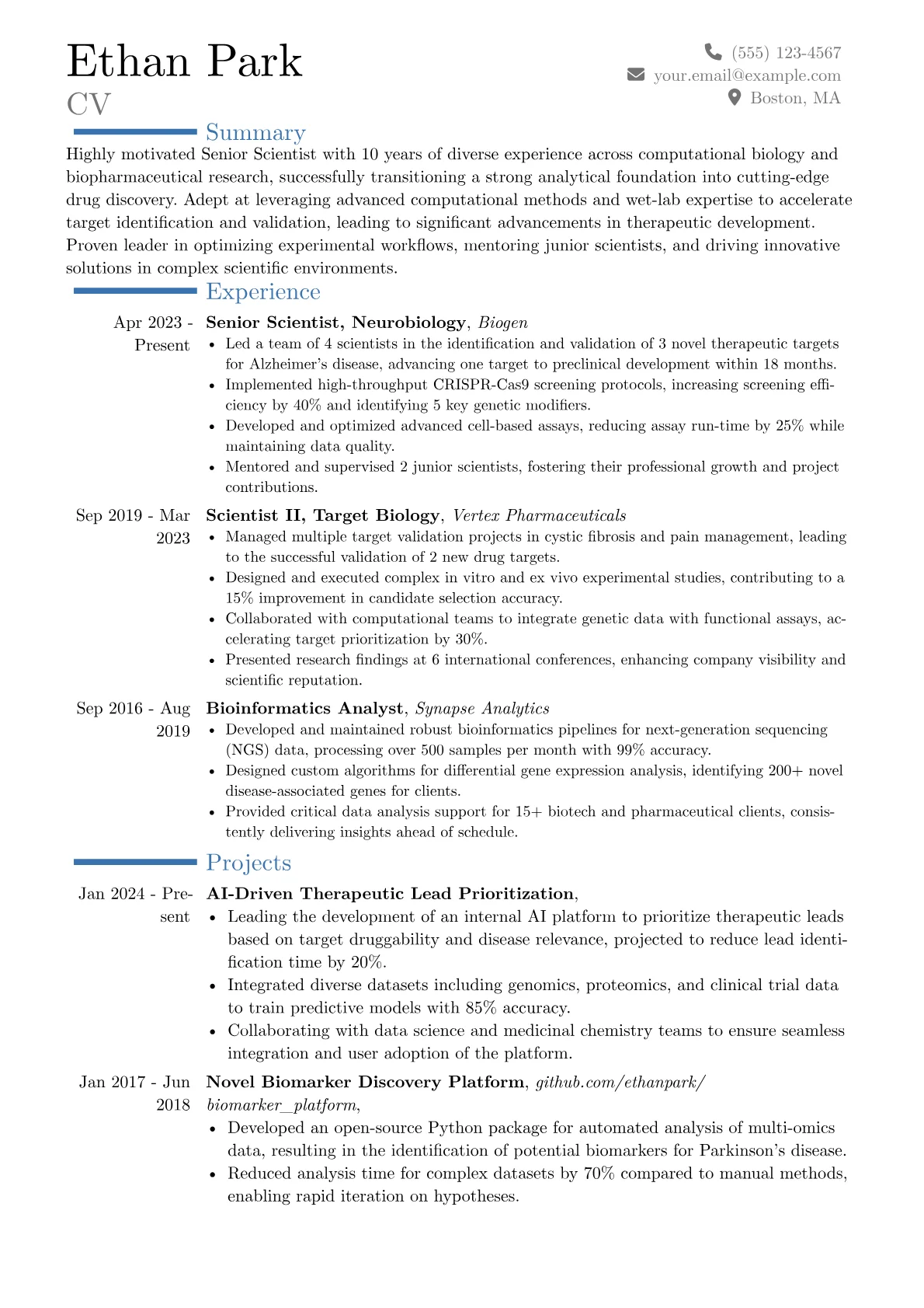 Senior Scientist resume example, Career changer, page 1
