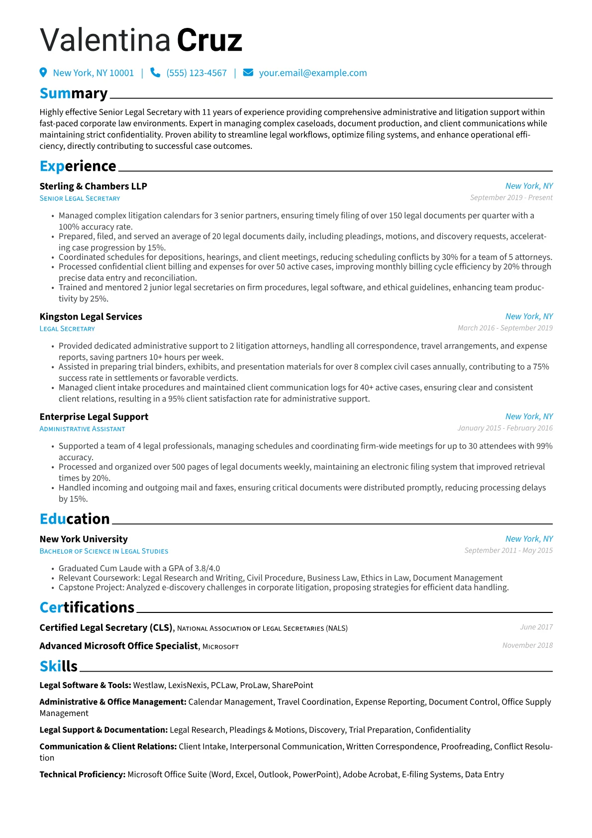Senior Secretary resume example, Senior Legal Secretary, page 1