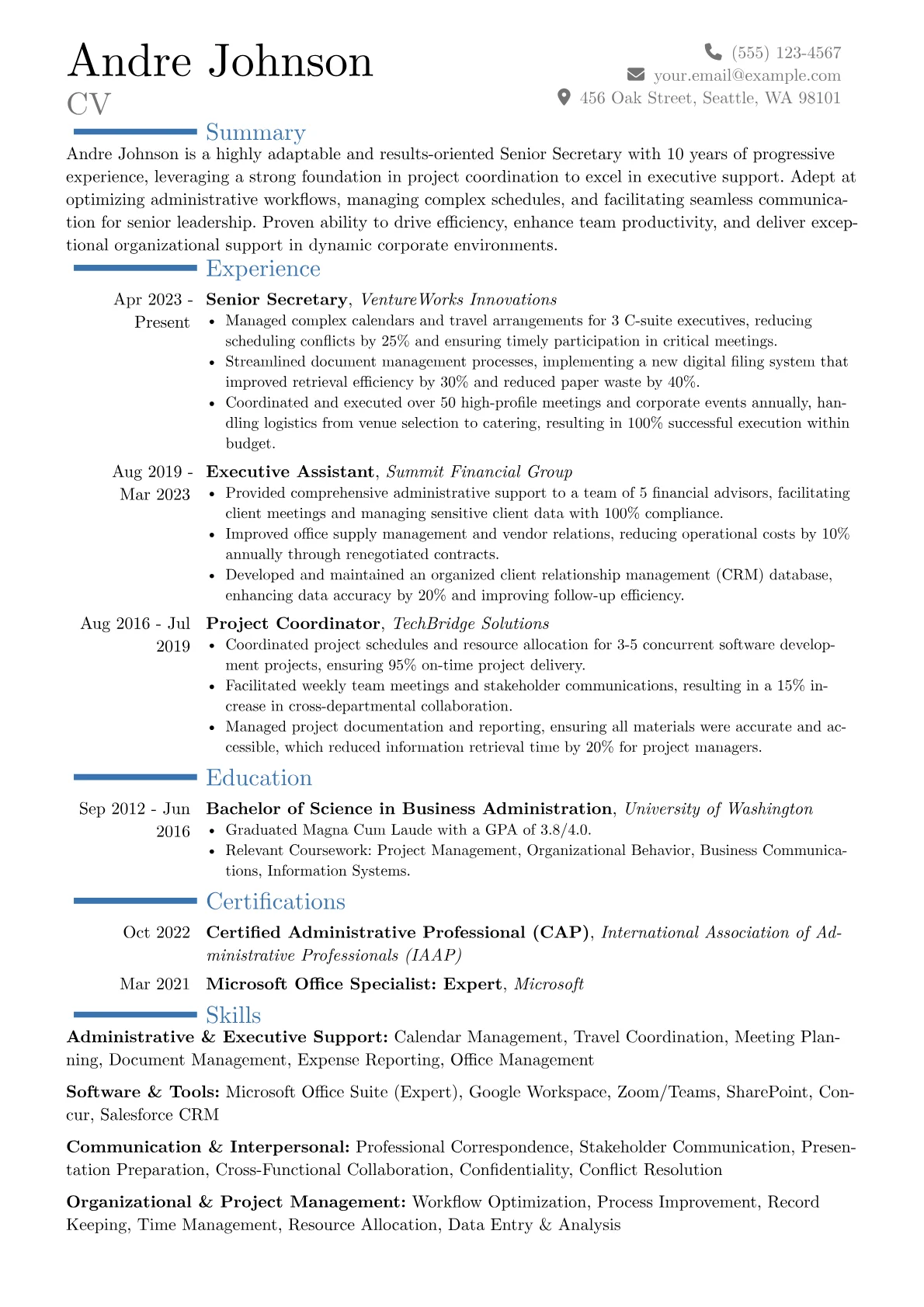 Senior Secretary resume example, Career changer, page 1