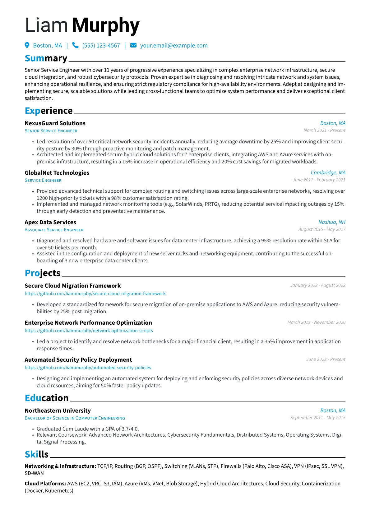 Senior Service Engineer resume example, Senior Service Engineer, page 1