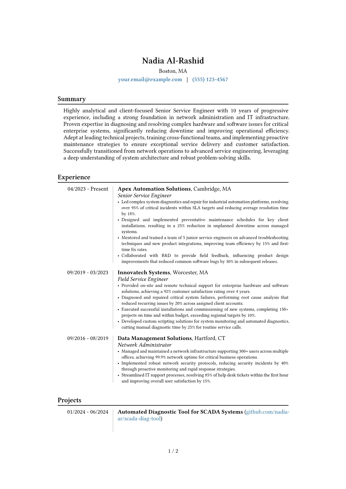 Senior Service Engineer resume example, Career changer, page 1